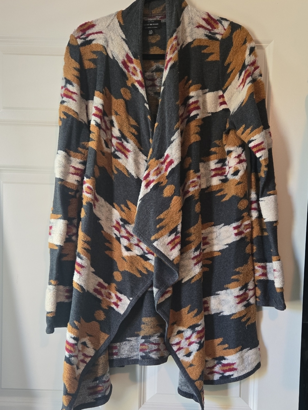 Lucky Brand Aztec Open-Front Cardigan in Charcoal, Mustard & Cream